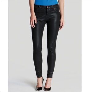 Ted Baker Annna Wax Jeans Designer Shiny Black Rose Gold Zipper Hem Size 32